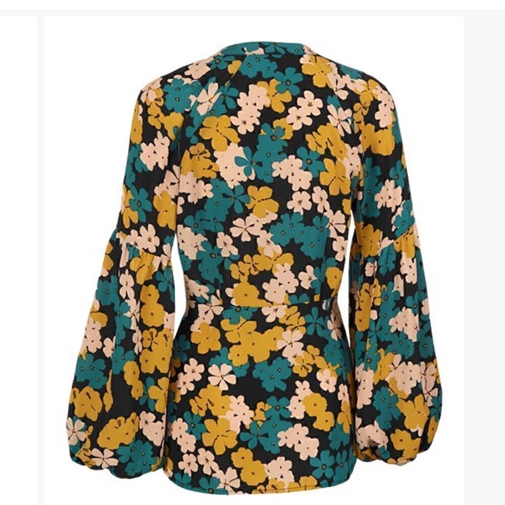 CAbi Teal and Mustard Flower Drop Favorite Bishop Sleeve Blouse NWOT sz Large - Picture 2 of 10